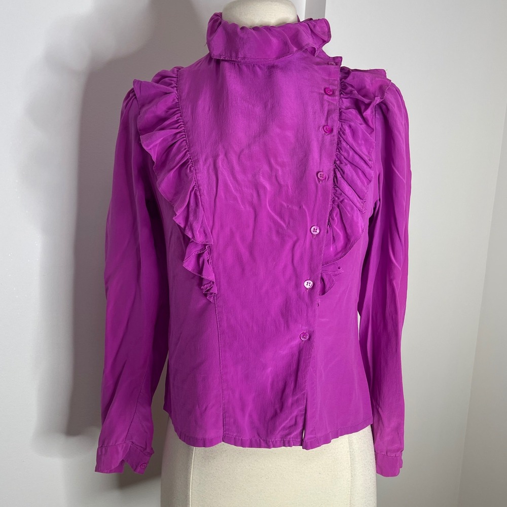 Magenta Ruffle High Neck Asymmetrical Button Blouse Victorian Style Long Sleeve